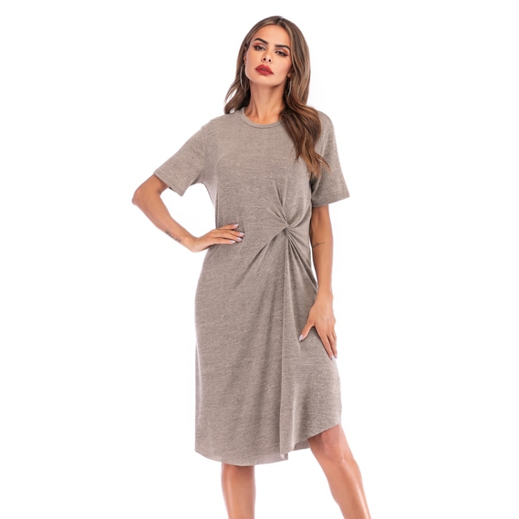 

Solid Color Short Sleeve Round Neck Twist Irregular Midi-Long Split-bottom Loose Dress (Color:Khaki Size:S)