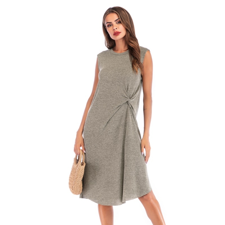 

Solid Color Sleeveless Vest Round Neck Pleating Irregular Midi-Long Split-bottom Loose Dress (Color:Grey Green Size:M)