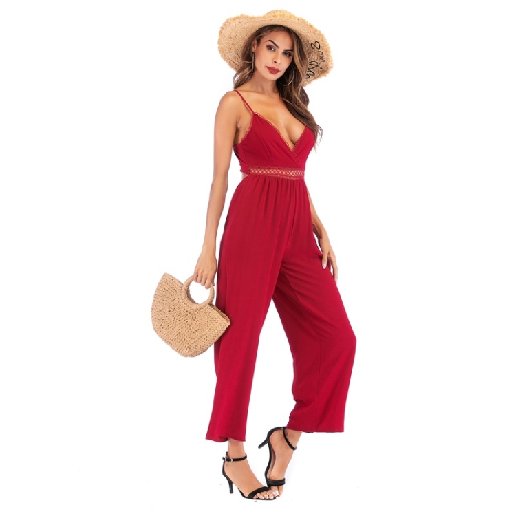 

Sleeveless Off Back Sexy V-neck Hollow Suspenders Elastic Waist Long Pants Jumpsuit (Color:Wine Red Size:M)