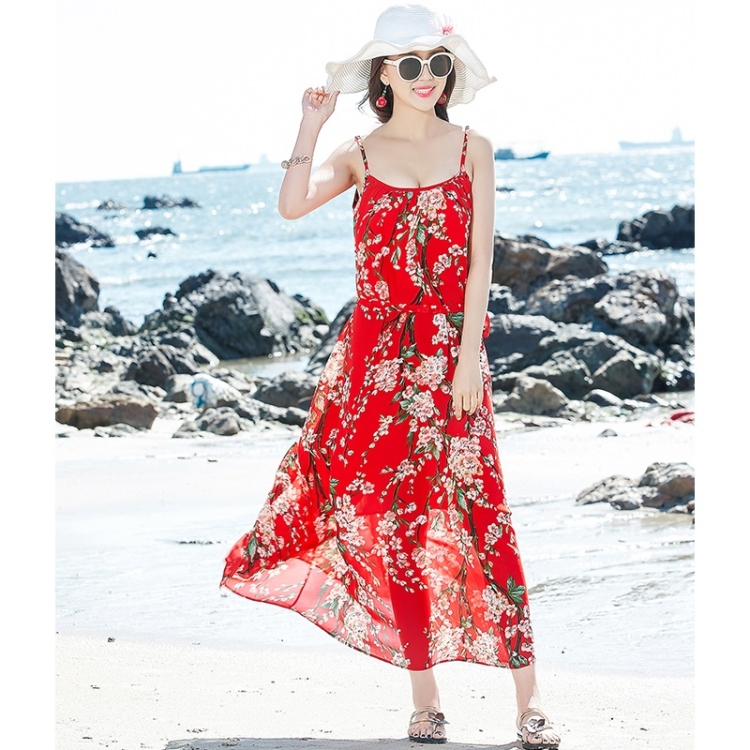 

Sexy Chiffon Was Thin Suspender Dress Bohemian Seaside Holiday Long Skirt Beach Skirt (Color:Red Size:S)