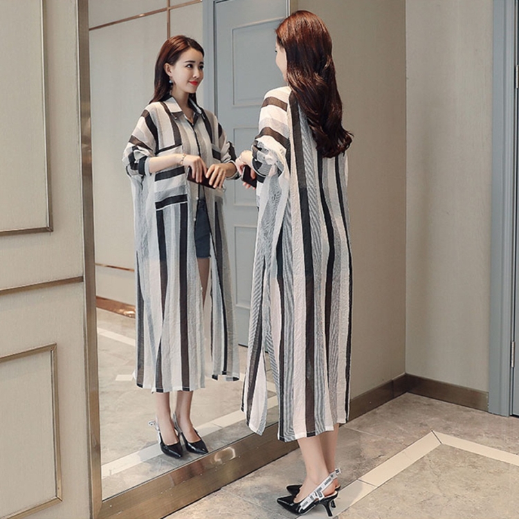 

Women Striped Loose Long Flowy Sunscreen Thin Coat (Color:Black Size:S)