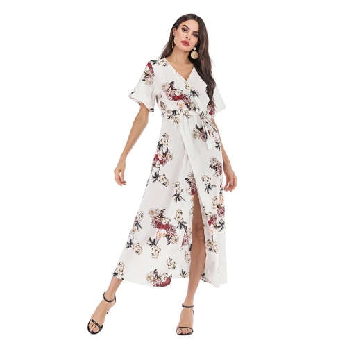 

Chiffon Long Skirt Women Summer And Summer Color Casual Printing Waist Swing Dress (Color:White Size:S)