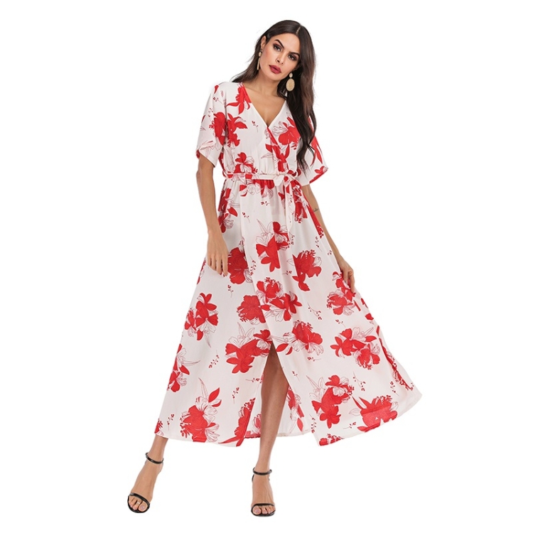 

Chiffon Long Skirt Female White Casual Printed Waist Swing Dress (Color:White Size:S)