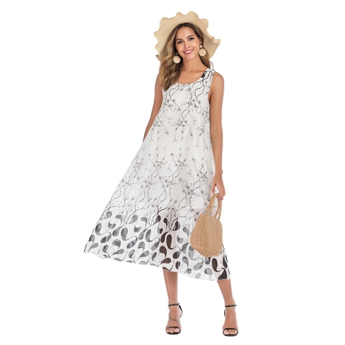 

Loose Print Dress Women Summer Plus Size Chiffon Floral Suspender Dress (Color:Photo Color Size:M)
