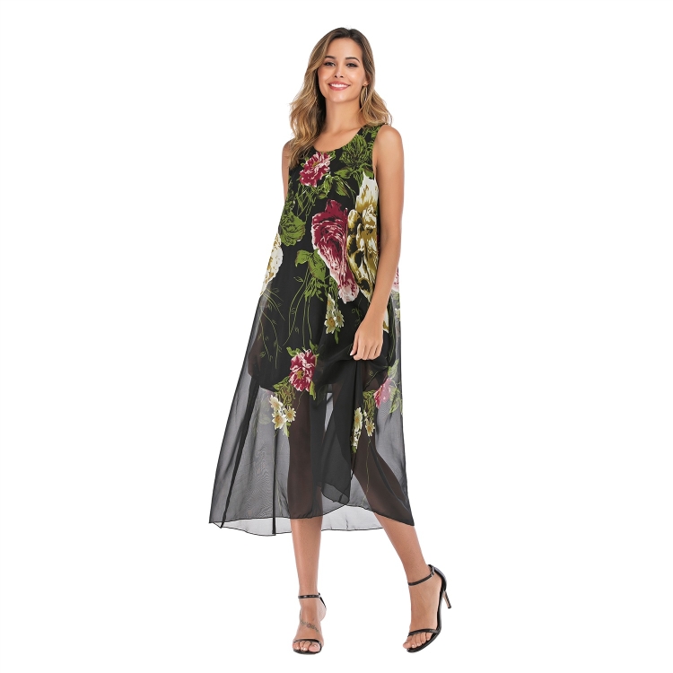 

Chiffon Floral Sling Skirt Summer Loose Print Dress Women (Color:Photo Color Size:M)