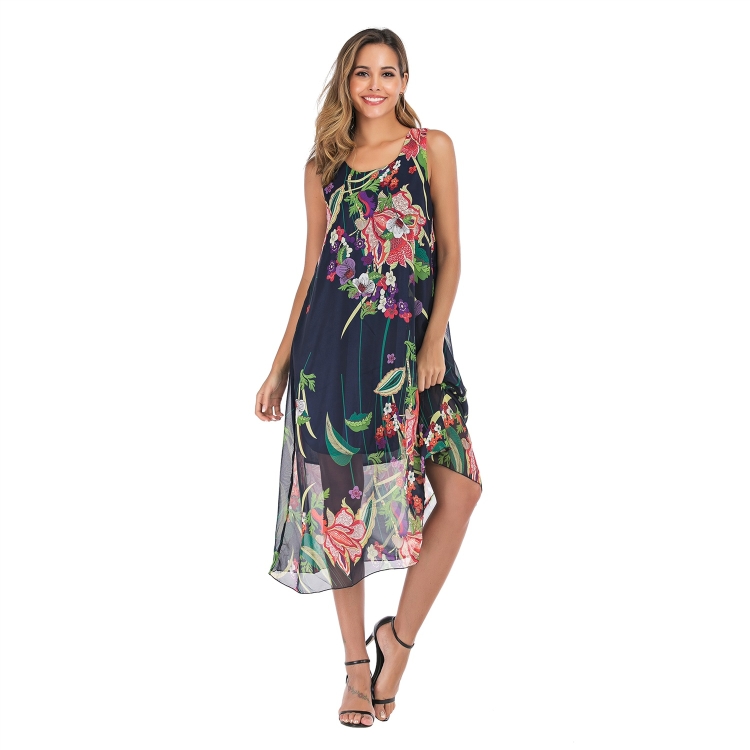 

Loose Print Dress Women Summer Plus Size Chiffon Floral Suspender Skirt (Color:Photo Color Size:XL)