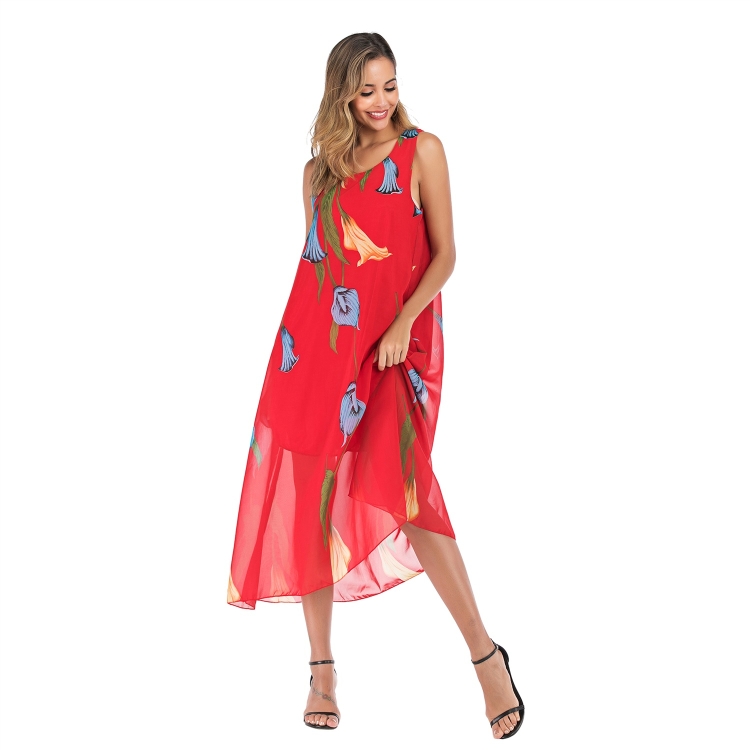 

Printed Dress Women Plus Size Loose Chiffon Floral Dress (Color:Picture Color Size:M)