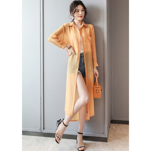 

Women Chiffon Sunscreen Mid-length Cardigan Thin Coat (Color:Orange Size:L)