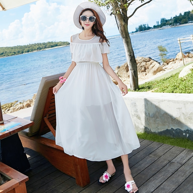 

Fresh Off-the-shoulder Chiffon Midi Skirt Bohemian Holiday Skirt Beach Skirt (Color:White Size:XL)