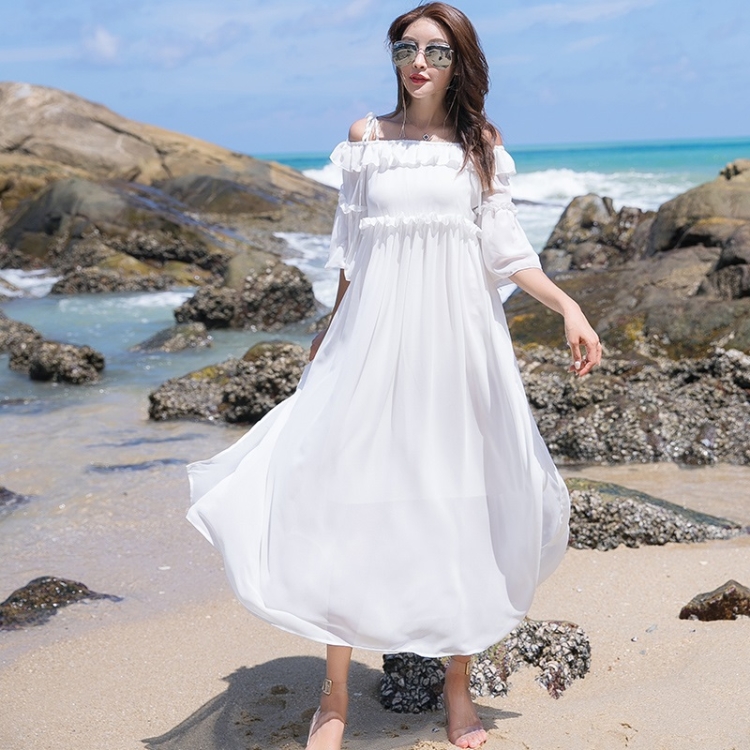 

Sweet Strap Shoulder Waist Waist Split Chiffon Elegant Swing Fake Beach Long Skirt (Color:White Size:S)