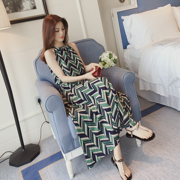 

Fresh Sleeveless Halter Style Thin Chiffon Dress Long Skirt Beach Skirt (Color:Green Size:M)