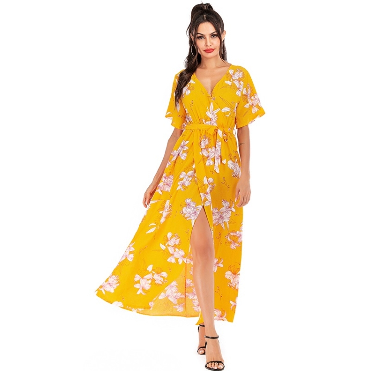 

Women Dress V-neck Summer Chiffon New European And American Floral Skirt (Color:Yellow Size:S)