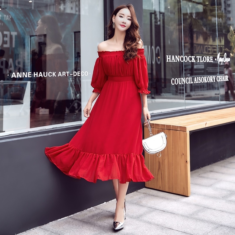

Temperament Sweet Word Collar Slim Slimming Long Skirt Chiffon Dress Travel Vacation Beach Skirt (Color:Red Size:XL)