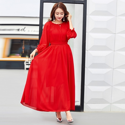 

Elegant Temperament Word Collar Slim Slimming Dress Seaside Holiday Dress Long Skirt (Color:Red Size:S)