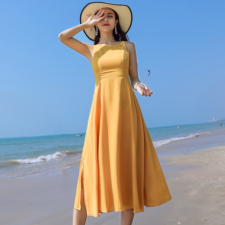 

Vest Solid Color Long Skirt Seaside Travel Vacation Beach Skirt Chiffon Slim Elegant Dress (Color:Orange Size:XL)