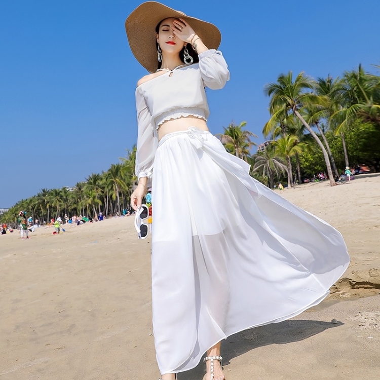 

Lantern Sleeve Slim Chiffon Two-piece Dress Seaside Vacation Travel Beach Skirt (Color:White Size:S)