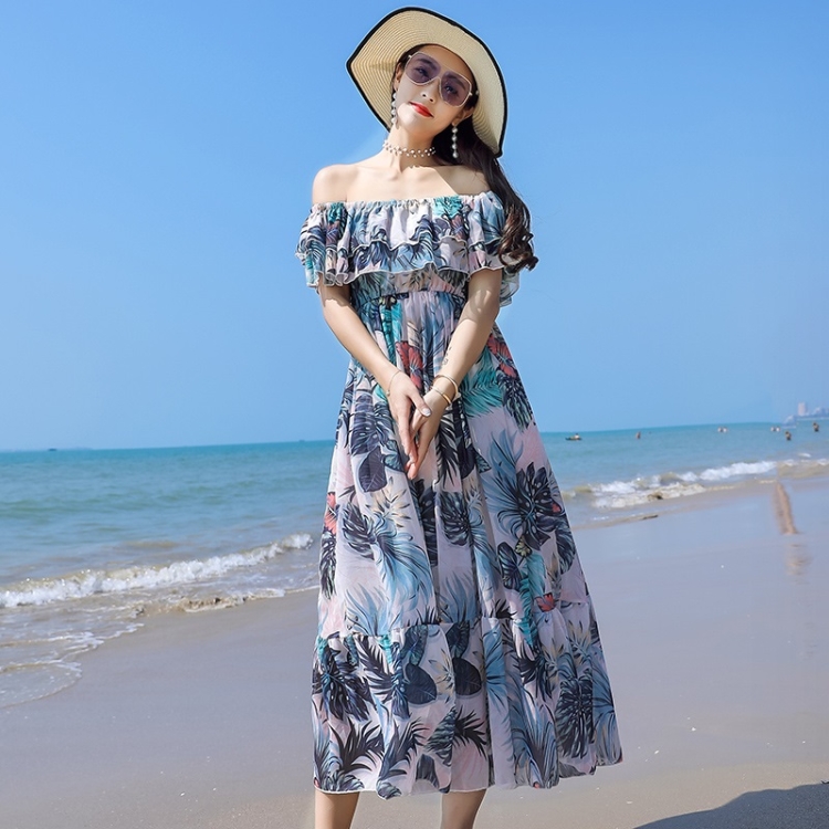 

One-line Slim Slimming Printed Long Bohemian Dress Seaside Vacation Beach Skirt (Color:Blue Size:M)