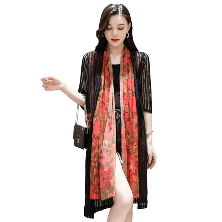 

Women Mid-length Cardigan Chiffon Sunscreen Thin Coat (Color:Black Orange Size:M)