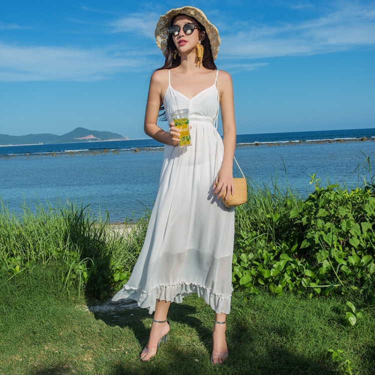 

Sling Chiffon Dress Seaside Vacation Was Thin Beach Skirt Bohemian Dress (Color:White Size:S)