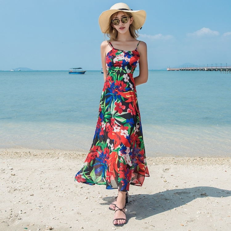 

Sling Chiffon Printed Long Skirt Behind Tie Slim Dress Travel Beach Skirt (Color:Black Size:S)