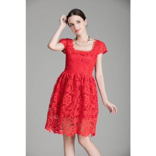 

Square Collar Exposed Collarbone Sexy Hollow Lace Skirt High Waist Slim Dress (Color:Red Size:M)