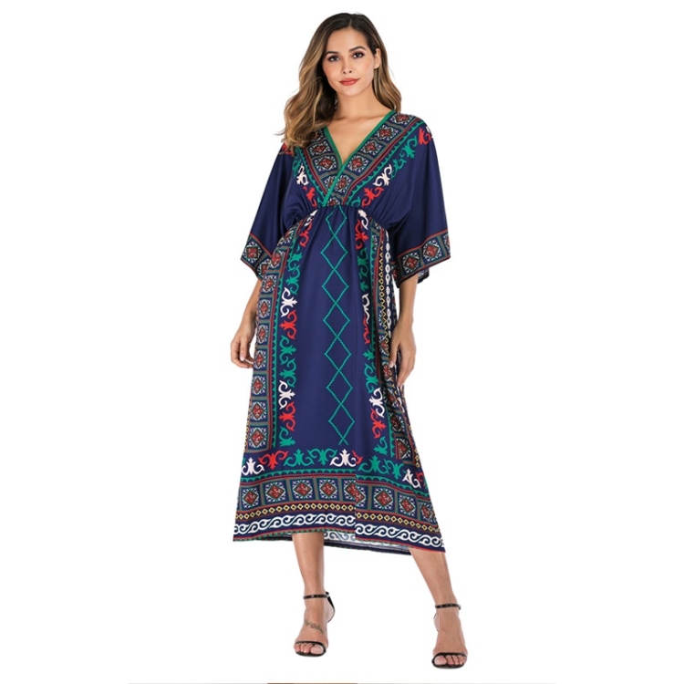 

Bohemian Retro Long Skirt Ethnic Style Printed Dress Maldives Seaside Beach Skirt (Color:Navy Blue Size:M)