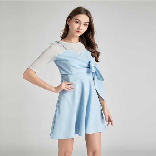 

Fashion Stitching Bow Short-sleeved Lace-up Slim Slimming Fake Two-piece Dress (Color:Baby Blue Size:S)