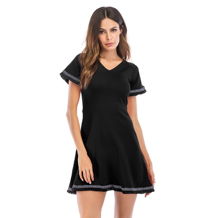 

V-neck Waist Micro-trumpet Short Sleeve Dress for Women (Color:Black Size:M)