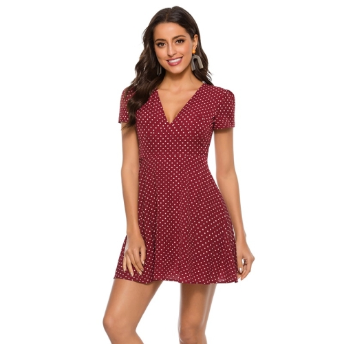 

Retro Hepburn Style New French Wave Point Girl Red Waist Slimming High Waist V-neck Dress (Color:Red Size:S)