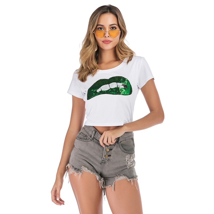

Short Embroidered Top With Green Lips Round Neck Short Sleeve T-shirt (Color:White Size:S)
