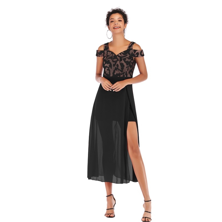 

Summer Strapless Splice Split Sexy Chiffon Dress for Women (Color:Black Size:S)