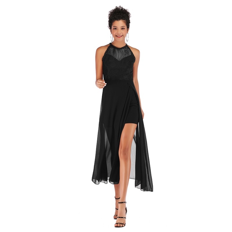 

Summer Strapless Lace Splice Split Sexy Chiffon Dress for Women (Color:Black Size:S)