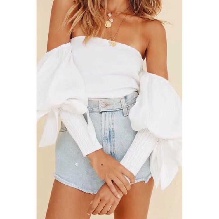 

Strapless Off-the-shoulder Puff Sleeve Bowknot Decorative Shirt (Color:White Size:S)
