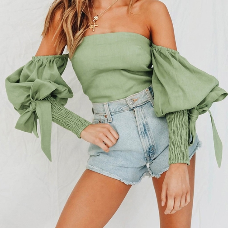 

Strapless Off-the-shoulder Puff Sleeve Bowknot Decorative Shirt (Color:Green Size:S)
