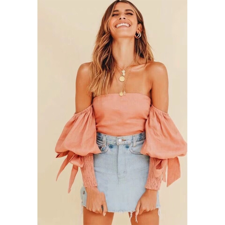 

Strapless Off-the-shoulder Puff Sleeve Bowknot Decorative Shirt (Color:Pink Size:S)