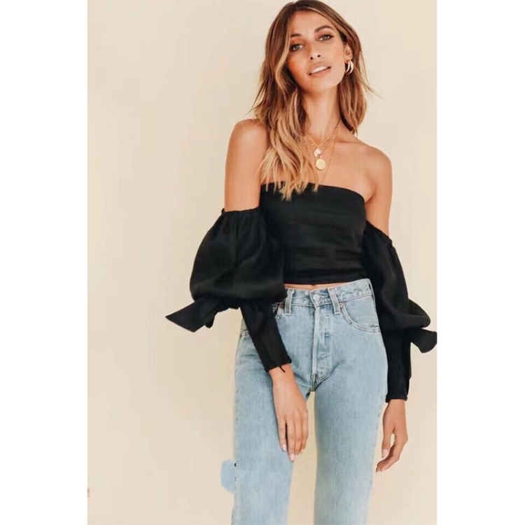 

Strapless Off-the-shoulder Puff Sleeve Bowknot Decorative Shirt (Color:Black Size:S)