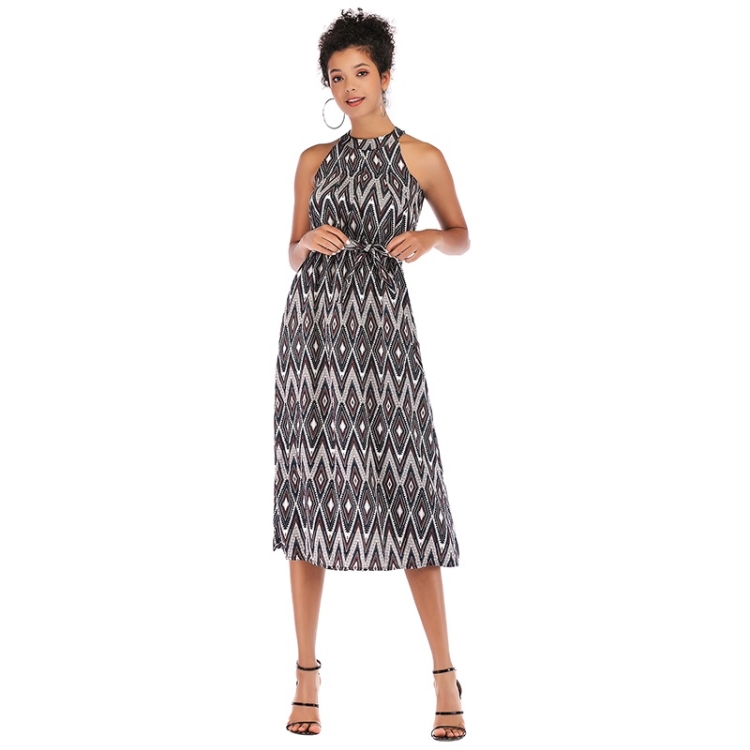 

Summer Halter Print Dress Swing Long Dress for Women (Color:Diamond Size:M)