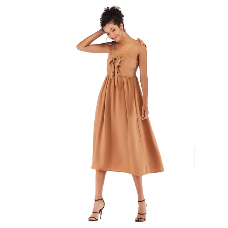 

Summer Ruffled Pleated Back Zippered Medium Length Skirt Suspender Dress for Ladies (Color:Khaki Size:S)