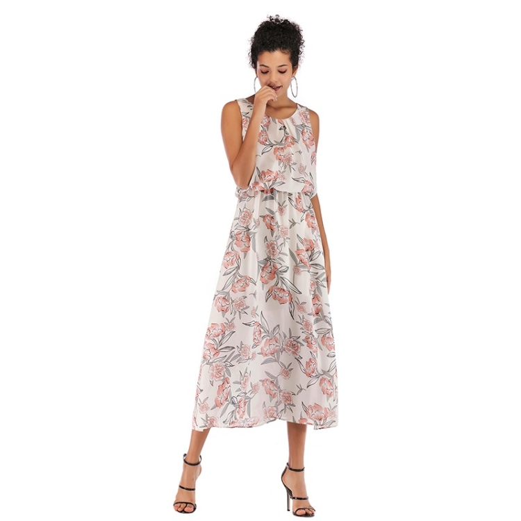 

Summer Sweet Style Waist Printed Suspenders Chiffon Dress Big Swing Skirt for Ladies (Color:White BACKGROUND Red flowers Size:S)