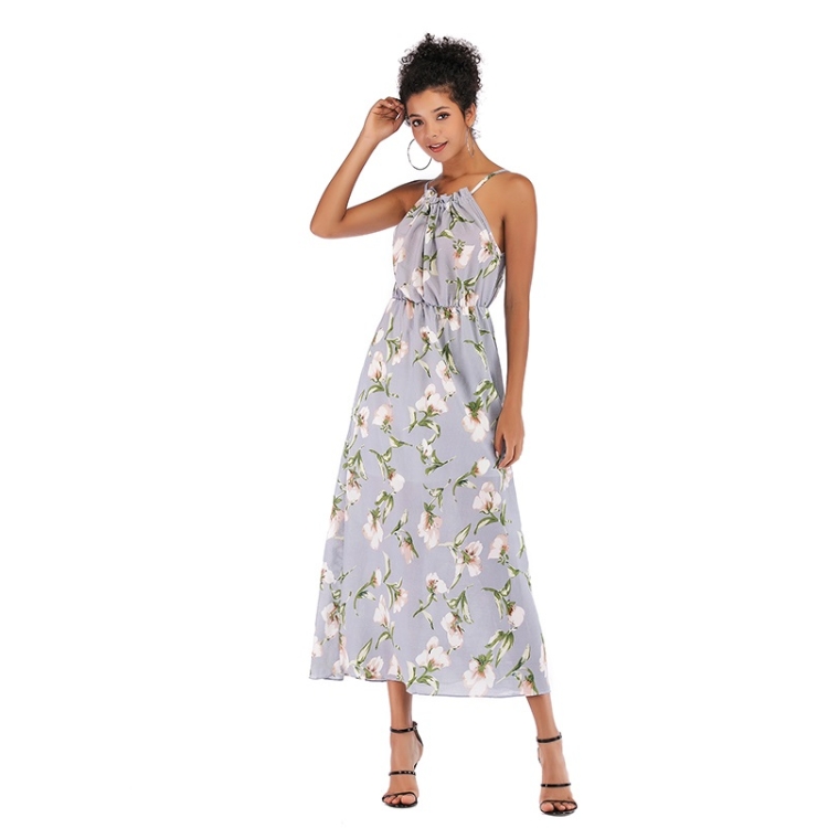

Summer Suspenders Waist Slim Printed Chiffon Dress for Women (Color:Sky blue white flower Size:M)