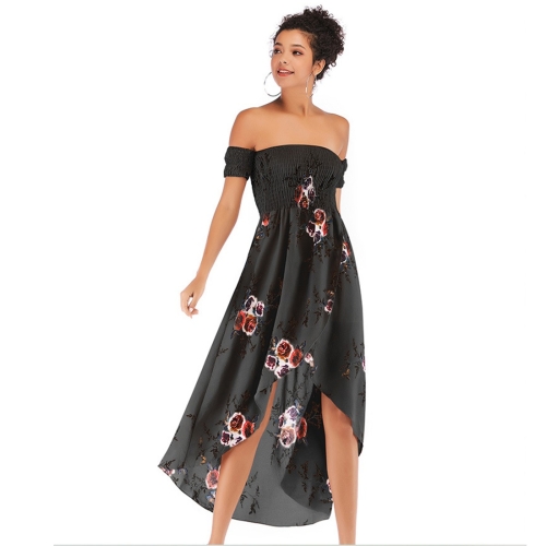 

Summer Horizontal Neck Strapless Printed Chiffon Irregular Dress for Women (Color:Black Size:M)