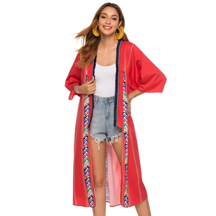 

National Style V-neck Tassel Print Long Shawl Coat (Color:Red Size:Free Size)