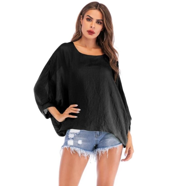 

Round Neck Loose Bat Sleeve Top Solid Color Female T-shirt (Color:Black Size:M)