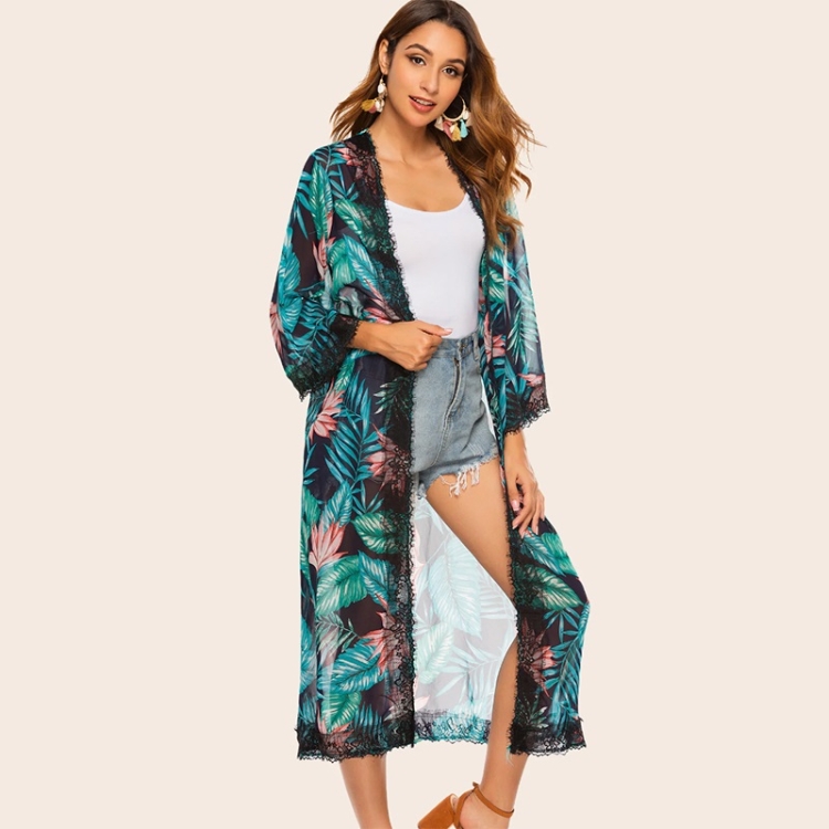 

National Style V-neck Printed Lace Decorated Long Shawl Coat (Green)