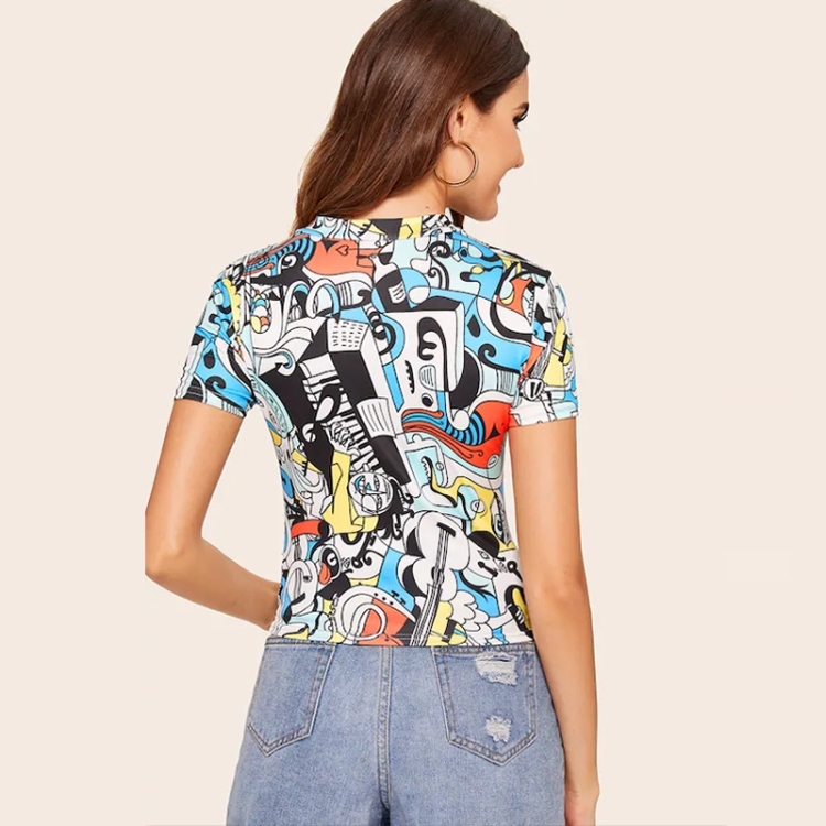 

Fashion Illustration Pattern Short Sleeve Slim Small Stand Collar Graffiti T-shirt (Color:Blue Size:XL)
