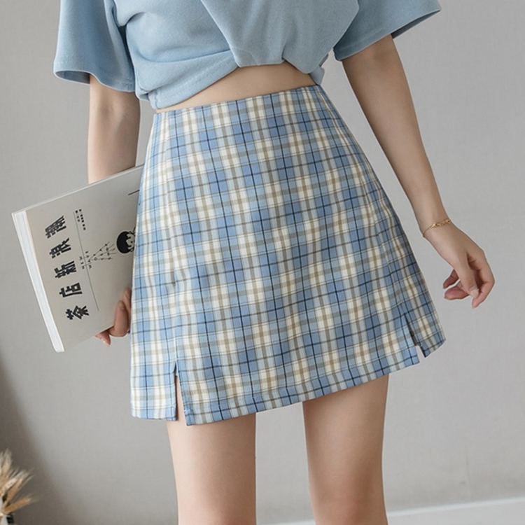 

Summer Plaid Short Skirt High-waisted A-line Skirt (Color:Blue Size:S)