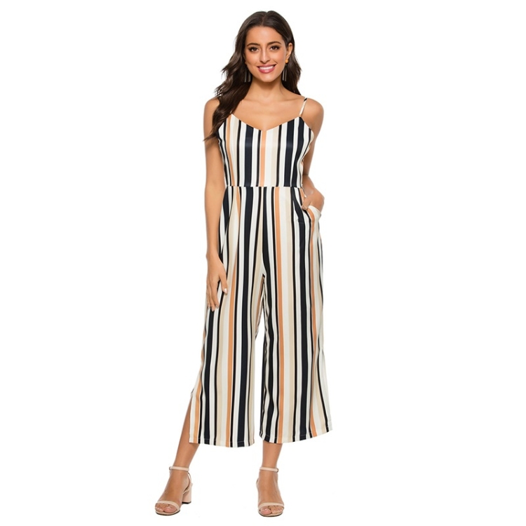 

V-neck Stripe Waist Slimming Suspenders Jumpsuit Wide-leg Pants Nine-point Pants (Color:Beige Size:XL)