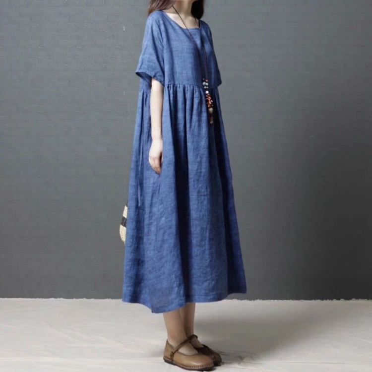 

Summer Round Neck Solid Color Ramie Lacing Loose Dress for Women (Color:Blue Size:M)
