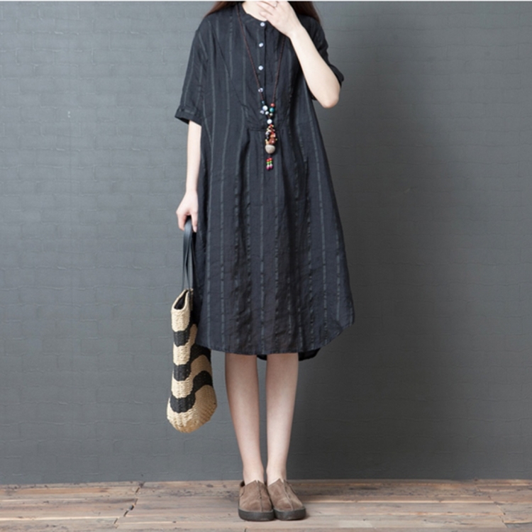 

Summer Ramie Striped Loose Shirt Dress for Ladies (Color:Black Size:XL)