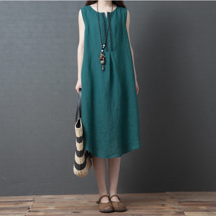 

Summer Ramie Loose Sleeveless Dress for Ladies (Color:Green Size:M)